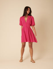 Pink Linen-blend Short Sleeve Starlight Mini Dress