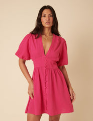 Pink Linen-blend Short Sleeve Starlight Mini Dress