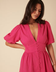 Pink Linen-blend Short Sleeve Starlight Mini Dress