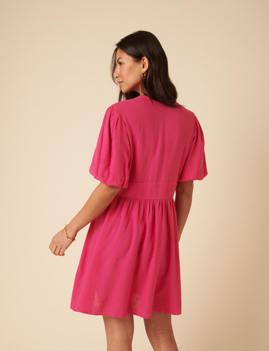Pink Linen-blend Short Sleeve Starlight Mini Dress