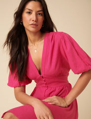 Pink Linen-blend Short Sleeve Starlight Mini Dress