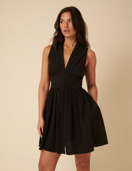 Black Linen-blend Sleeveless Starlight Mini Dress