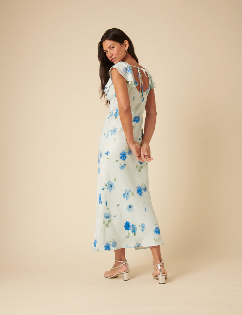 Blue Watercolour Floral Abelia Midi Dress
