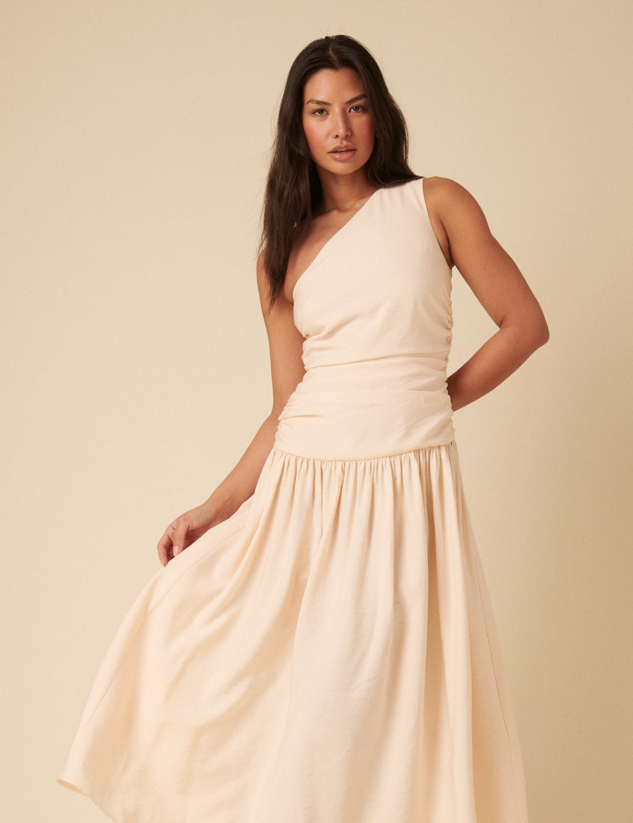 Cream One Shoulder Drop Waist Trent Midi Dress