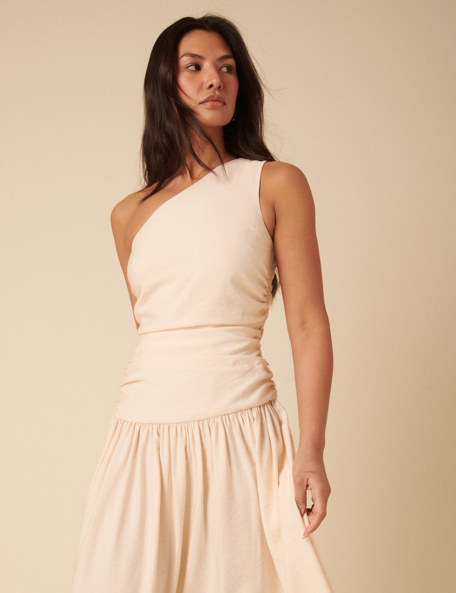 Cream One Shoulder Drop Waist Trent Midi Dress