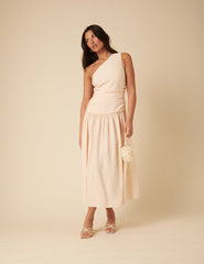 Cream One Shoulder Drop Waist Trent Midi Dress