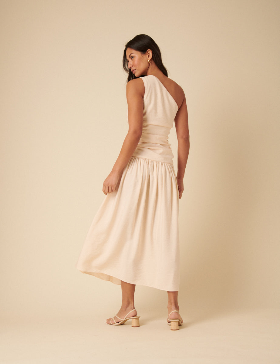 Cream One Shoulder Drop Waist Trent Midi Dress