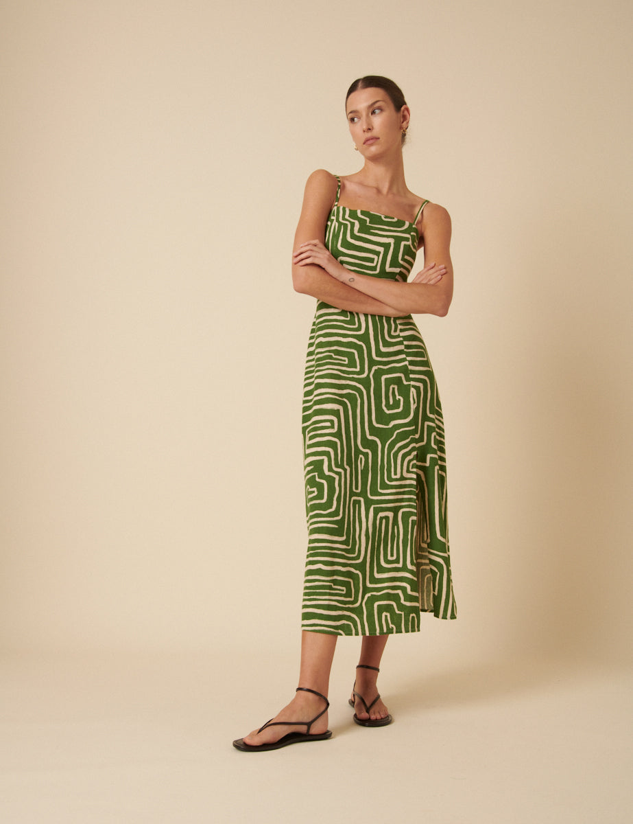 Green Linen-blend Abstract Maddy Midi Dress