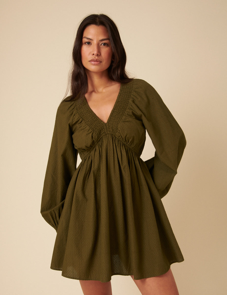 Khaki Long Sleeve Irene Mini Dress
