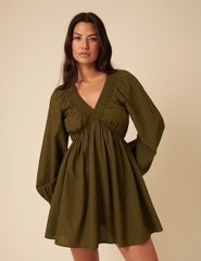 Khaki Long Sleeve Irene Mini Dress