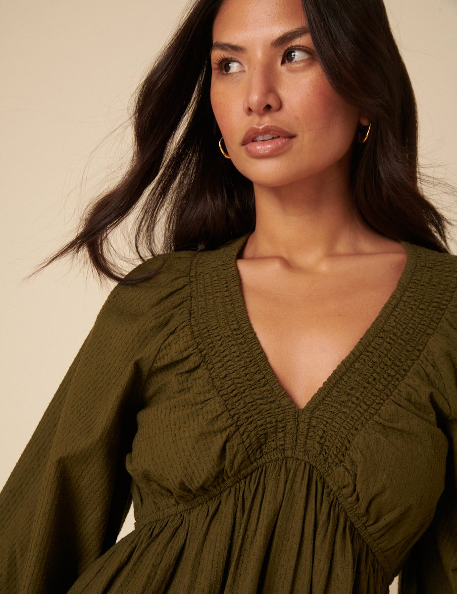 Khaki Long Sleeve Irene Mini Dress