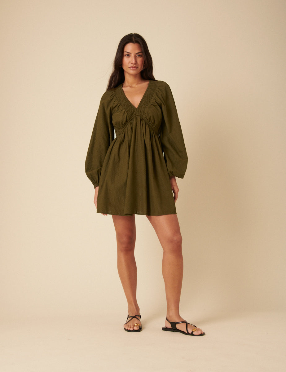 Khaki Long Sleeve Irene Mini Dress