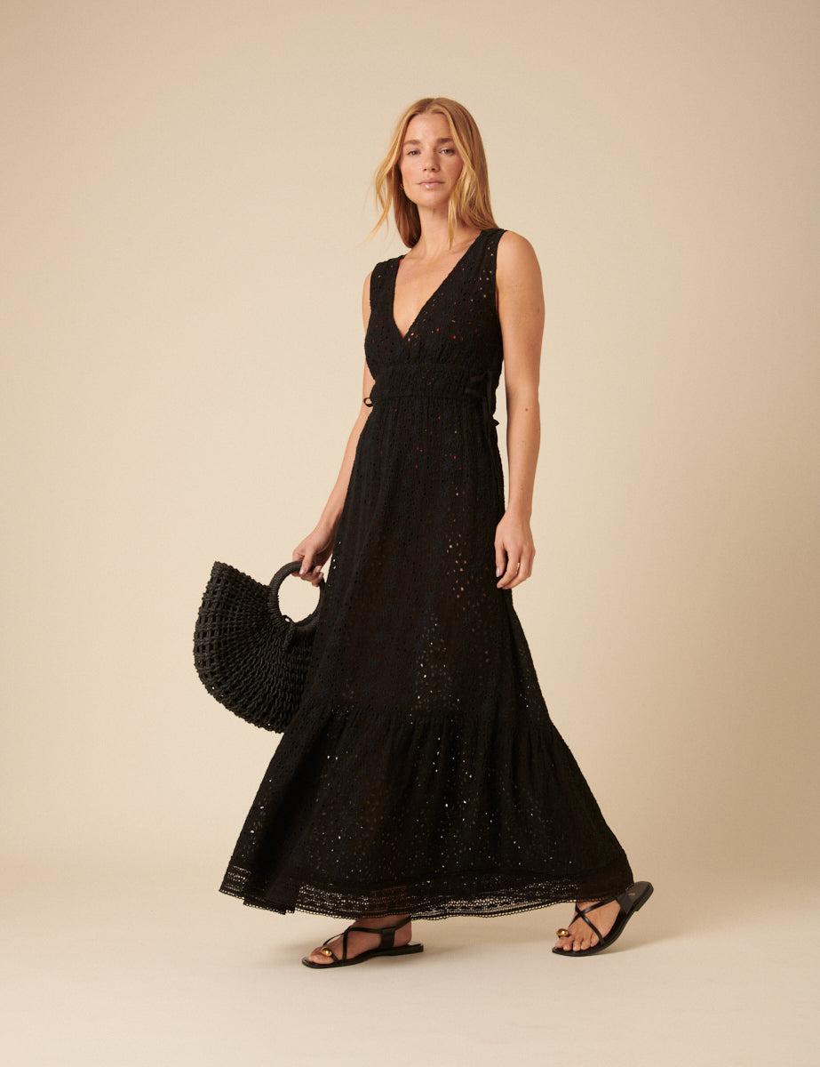Black Broderie Anglaise Maxi Dress