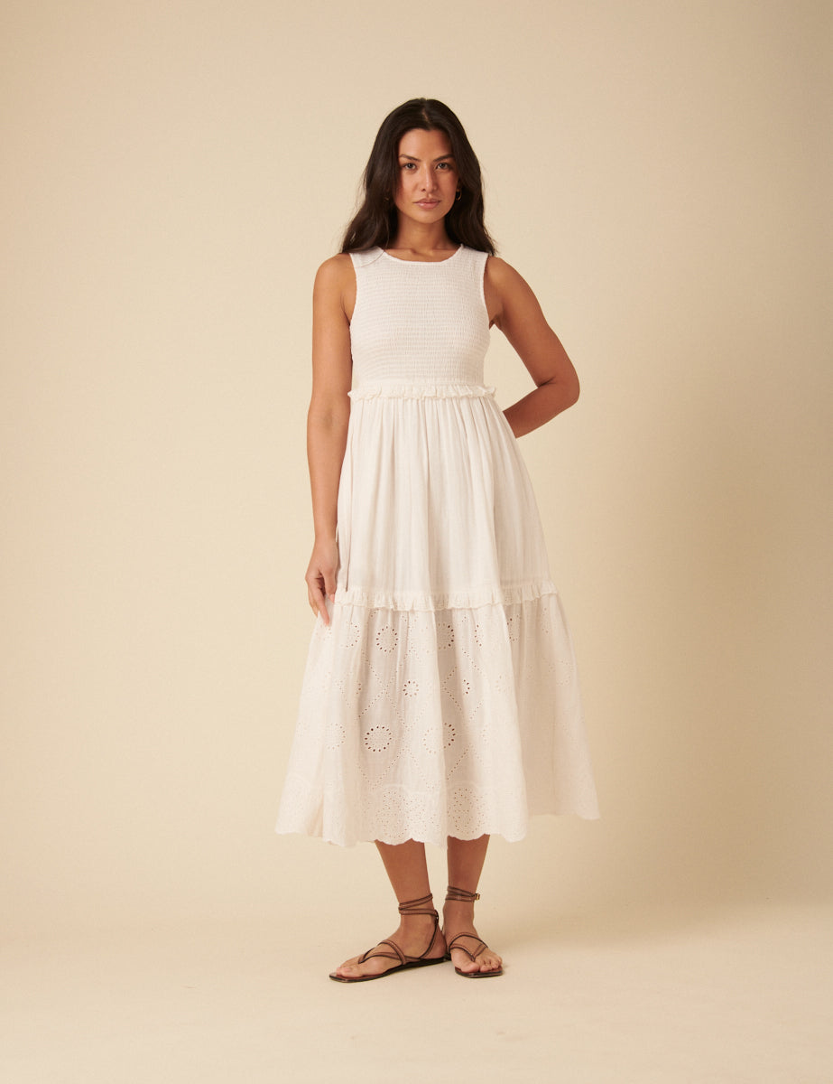 White Broderie Anglaise Tiered Blossom Midi Dress
