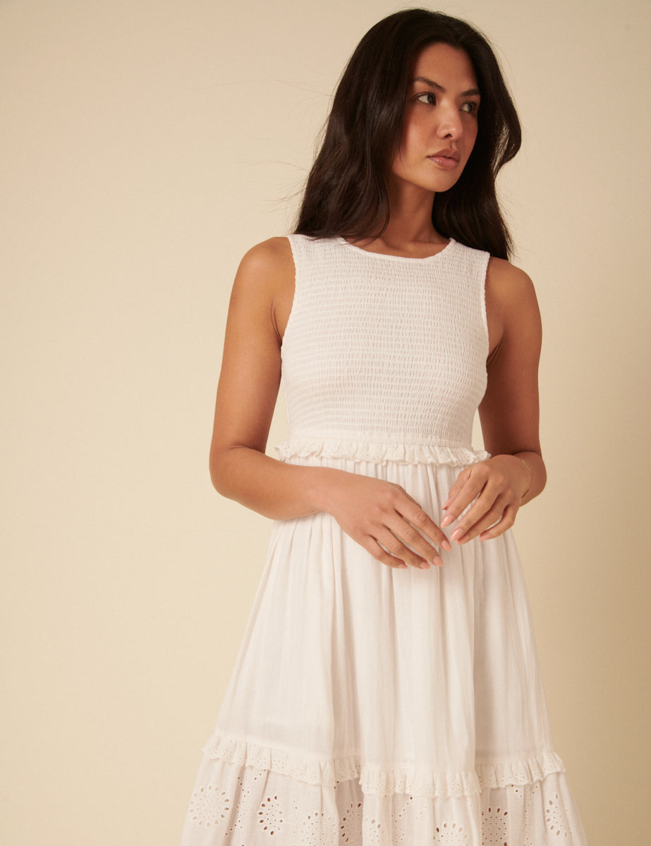 White Broderie Anglaise Tiered Blossom Midi Dress