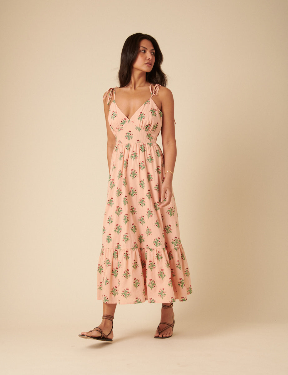 Pink Floral Printed Bellerose Midi Dress