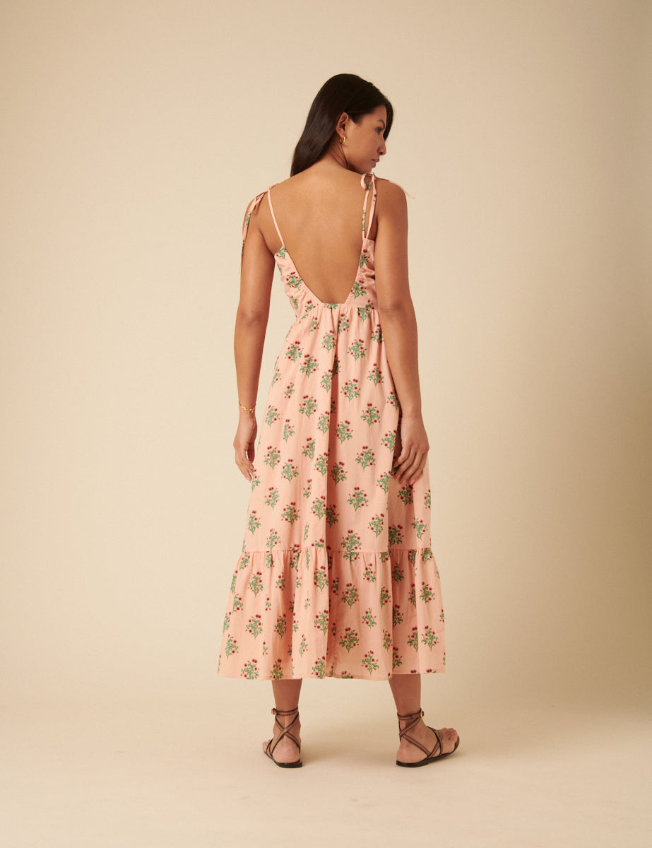 Pink Floral Printed Bellerose Midi Dress