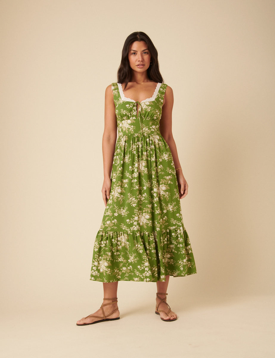 Green Floral Heather Midi Dress