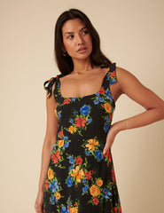 Black Floral Adrian Midi Dress