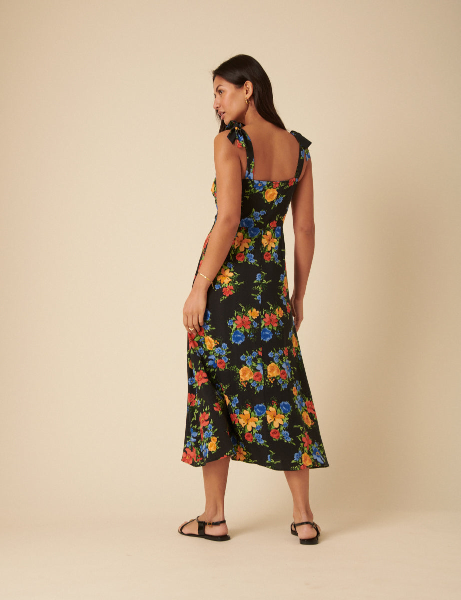 Black Floral Adrian Midi Dress