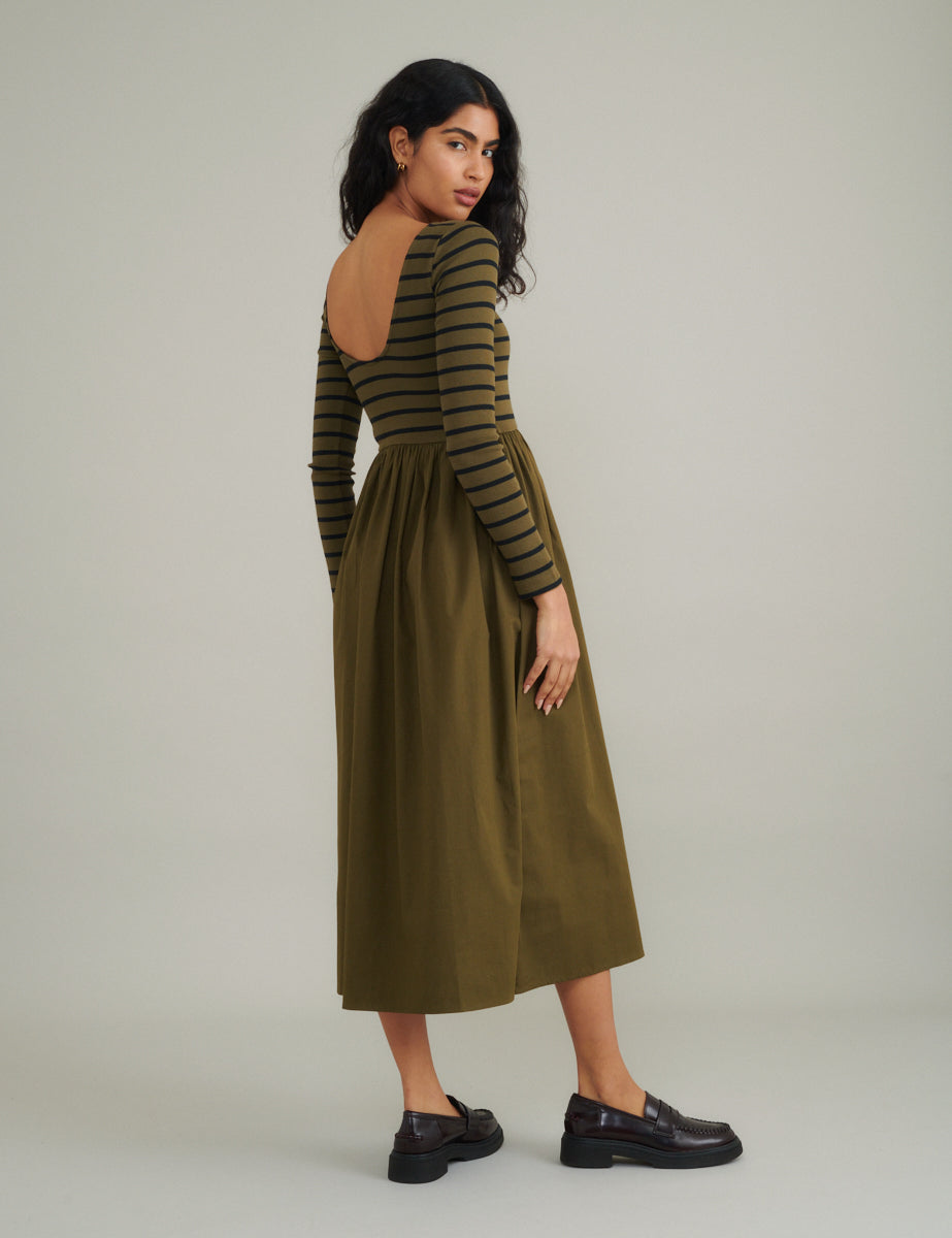 Green Striped Long Sleeve A-Line Penni Midi Dress