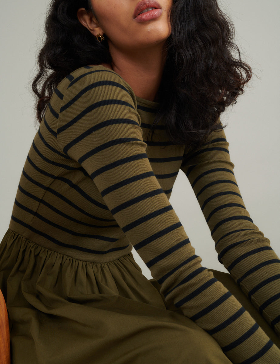 Green Striped Long Sleeve A-Line Penni Midi Dress