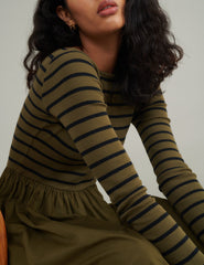 Green Striped Long Sleeve A-Line Penni Midi Dress