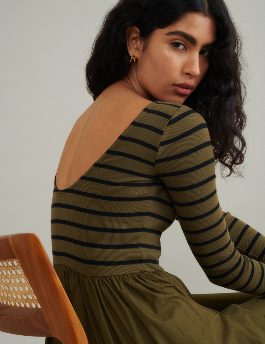 Green Striped Long Sleeve A-Line Penni Midi Dress