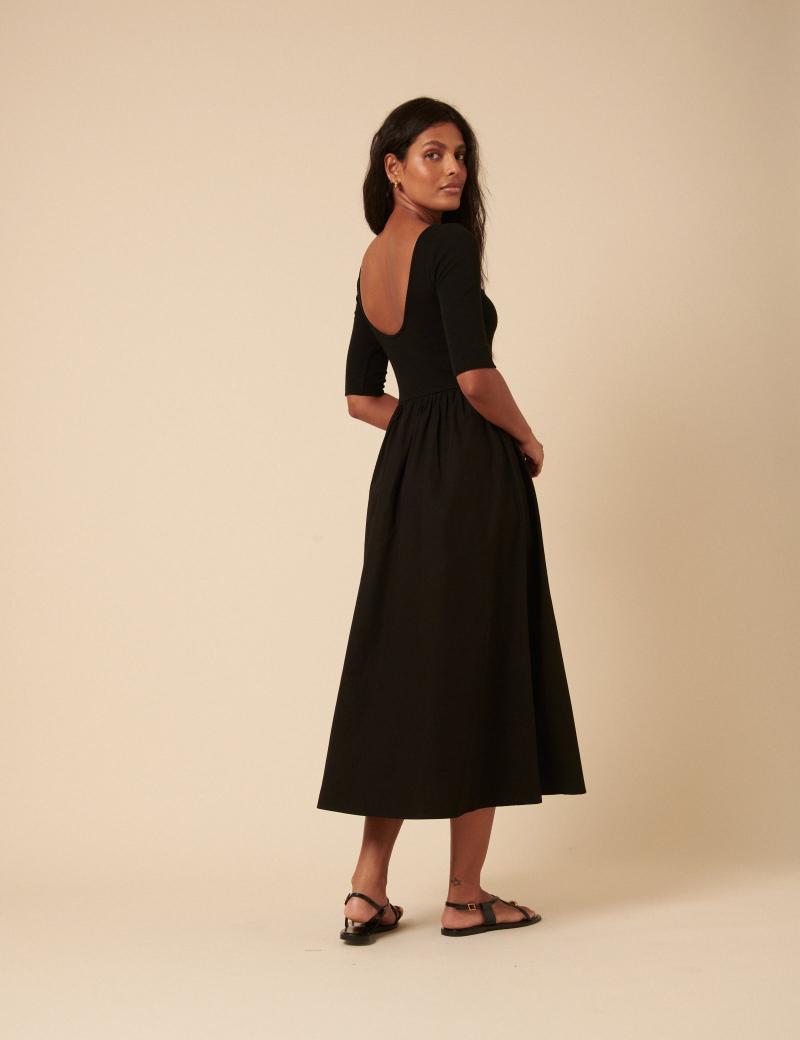 Black Cropped Sleeve A-Line Penni Midi Dress