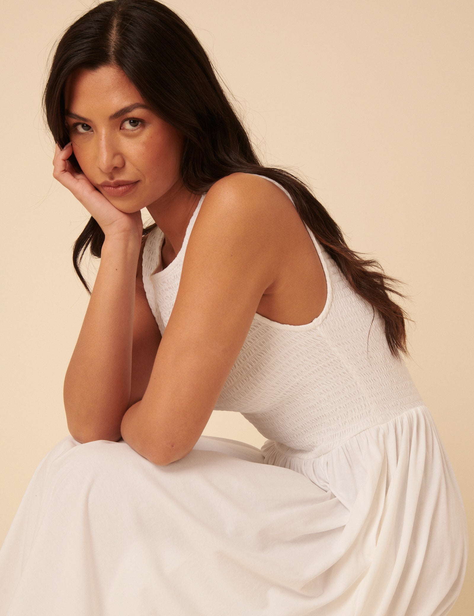 White Shirred Bodice Billie Midi Dress