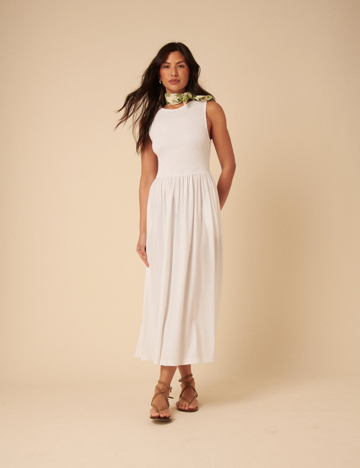 White Shirred Bodice Billie Midi Dress