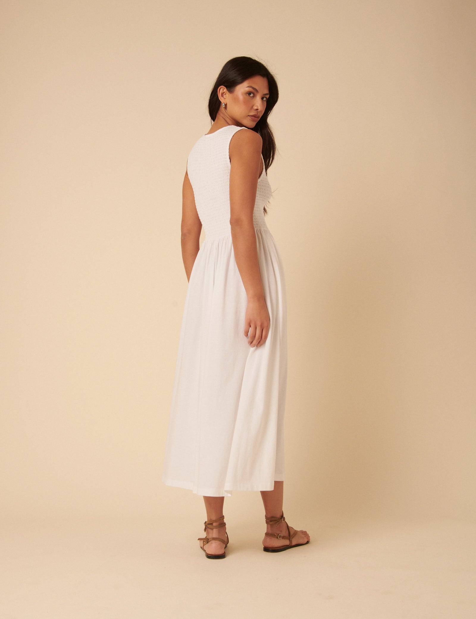 White Shirred Bodice Billie Midi Dress