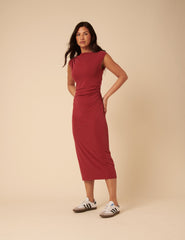 Red Jersey Gathered Side Amber Midi Dress