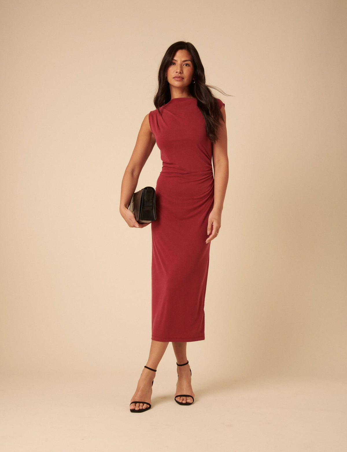 Red Jersey Gathered Side Amber Midi Dress