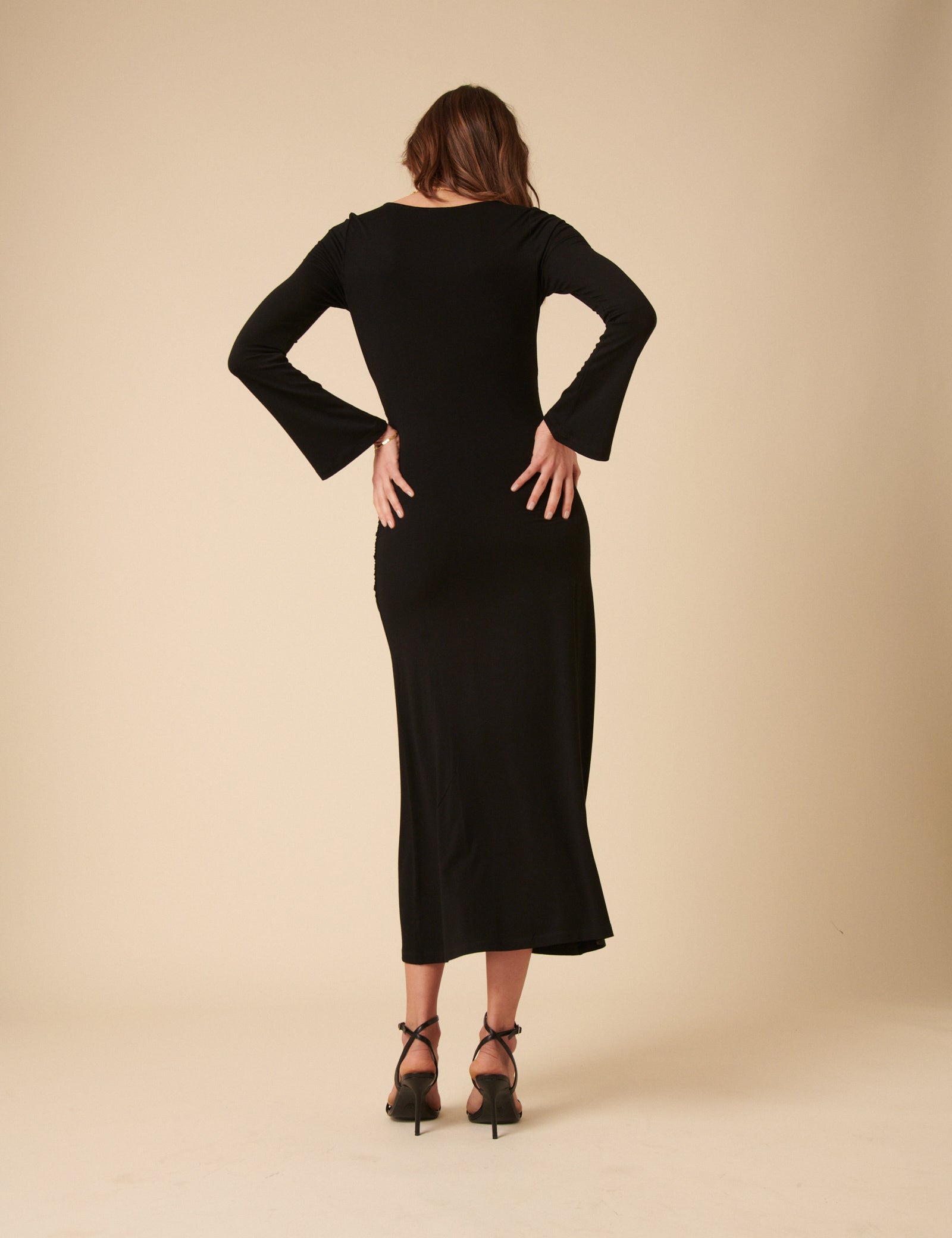 Black Long Sleeve Ruched Belle Midi Dress