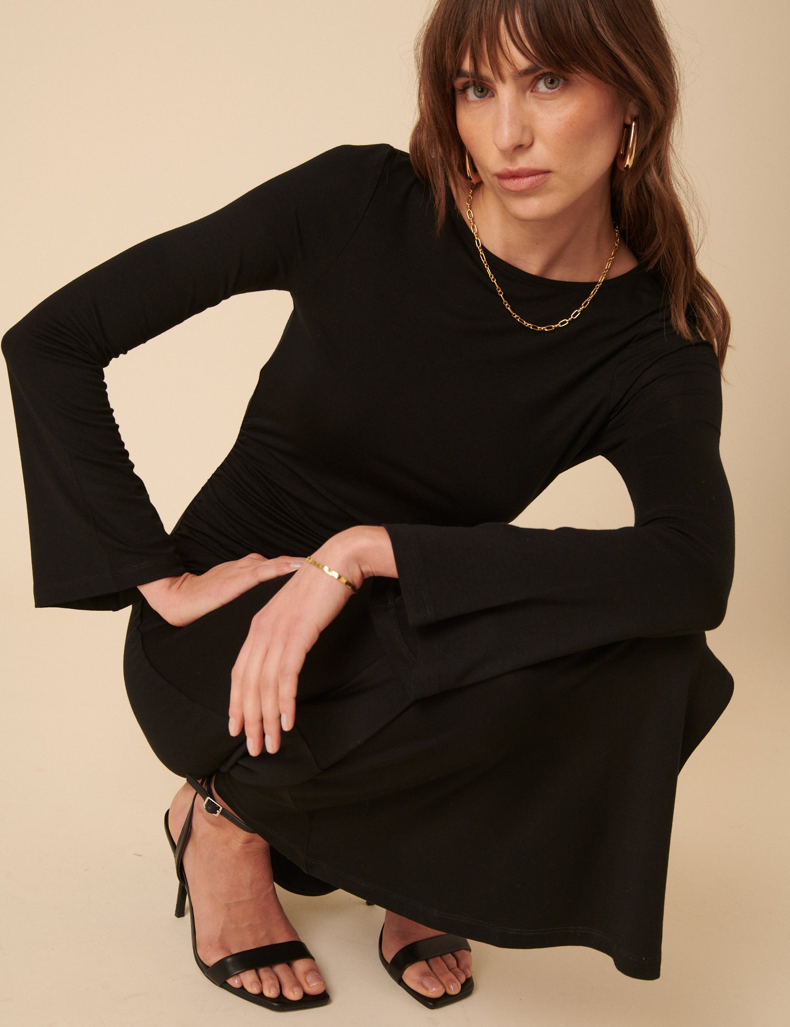 Black Long Sleeve Ruched Belle Midi Dress