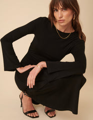 Black Long Sleeve Ruched Belle Midi Dress