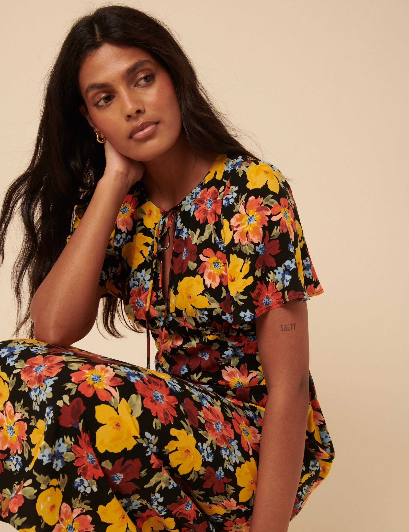 Black Floral Anna Midi Dress