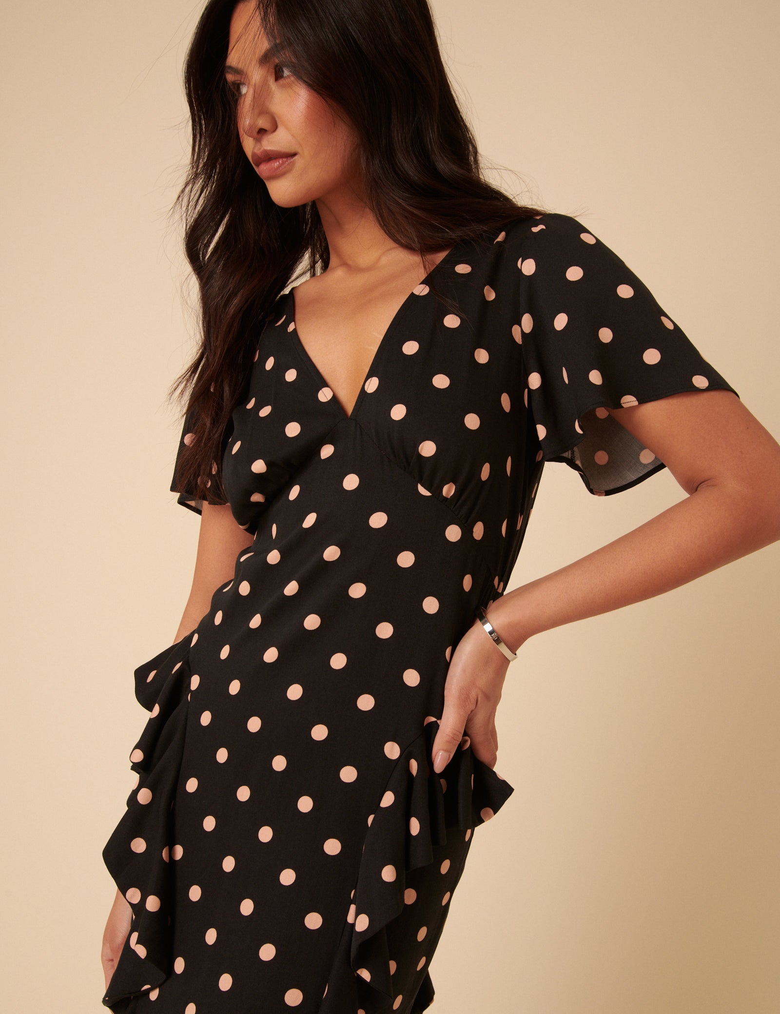 Black Polka Dot Ruffle Lyndsey Midi Dress