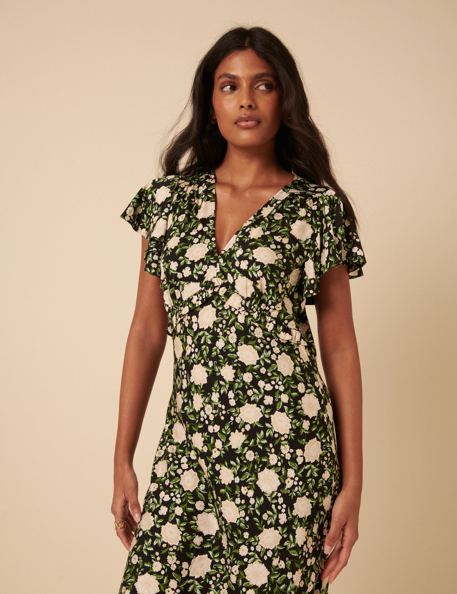 Black Floral Frill Sleeve Martha Midi Dress