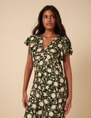 Black Floral Frill Sleeve Martha Midi Dress