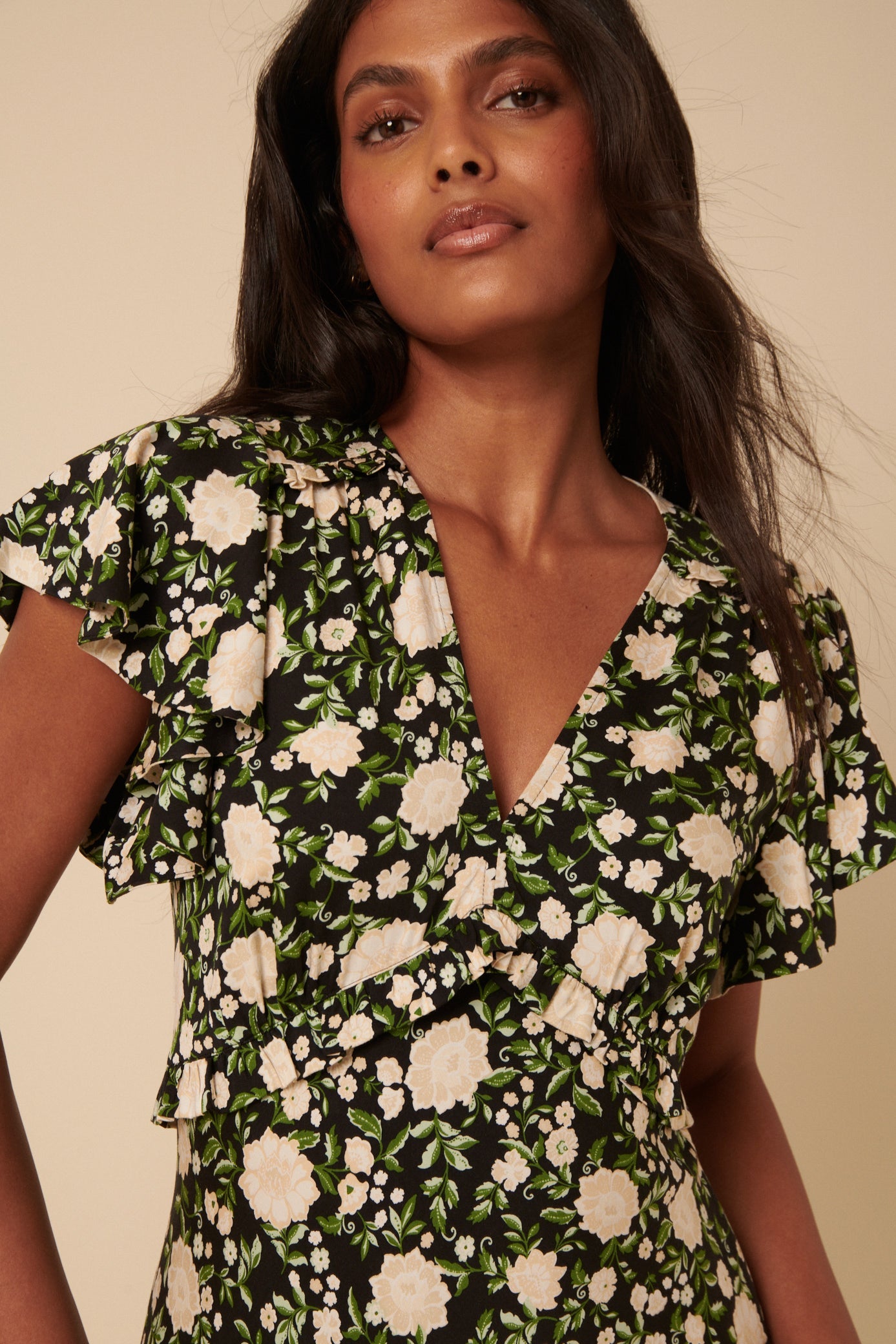 Black Floral Frill Sleeve Martha Midi Dress