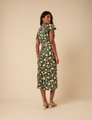 Black Floral Frill Sleeve Martha Midi Dress