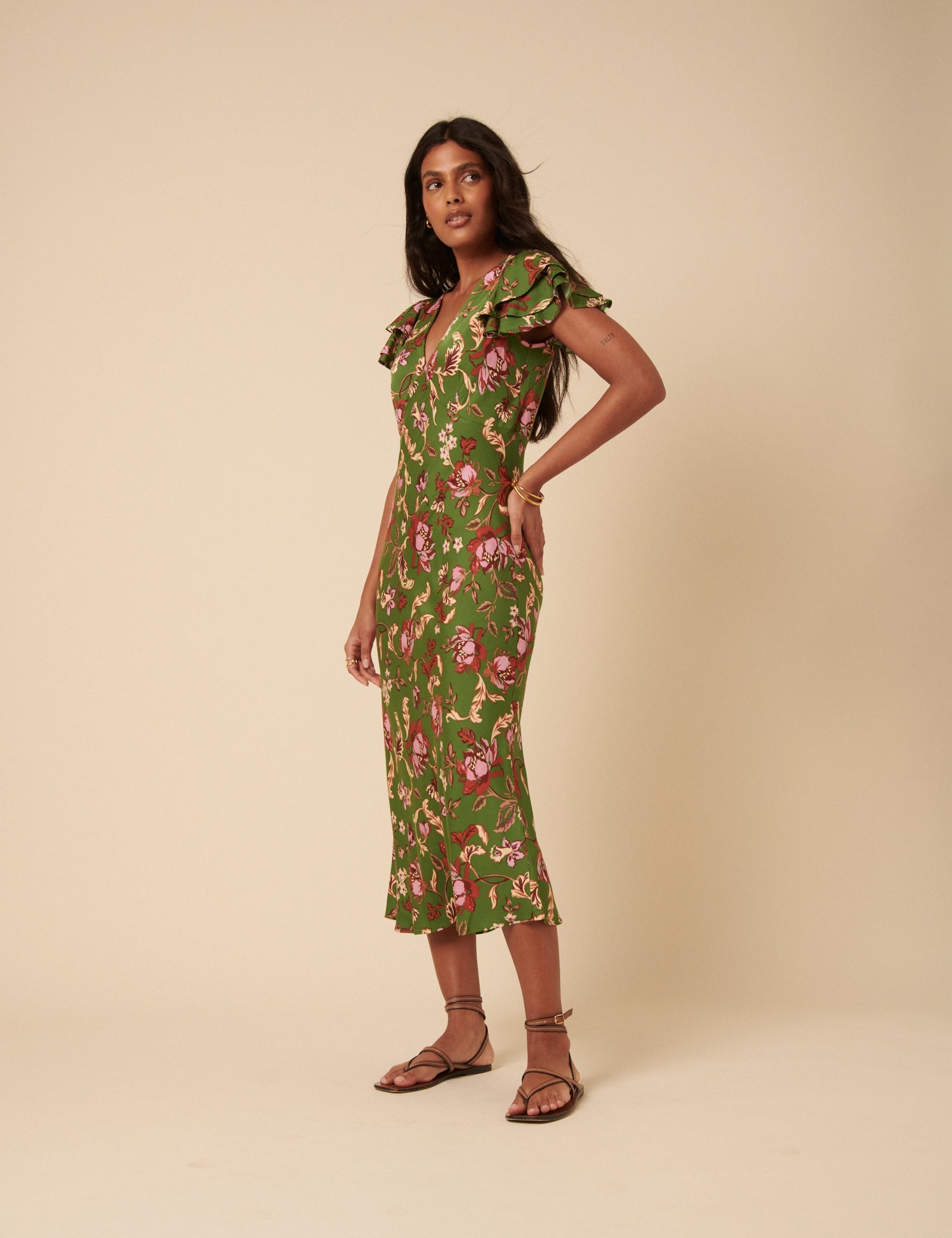 Green Floral Frill Sleeve Layla Midi Dress
