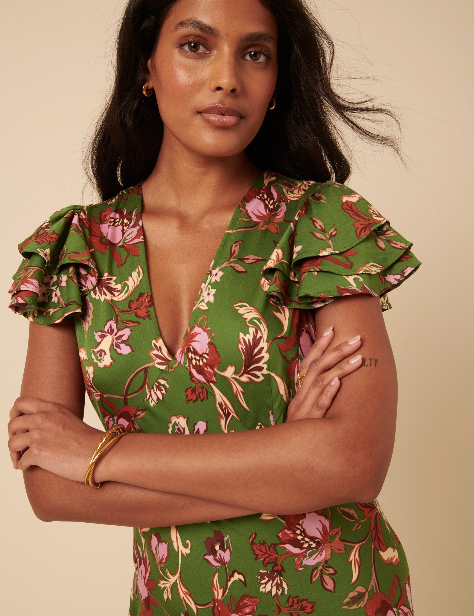 Green Floral Frill Sleeve Layla Midi Dress