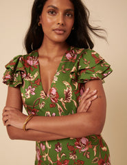 Green Floral Frill Sleeve Layla Midi Dress