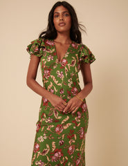 Green Floral Frill Sleeve Layla Midi Dress
