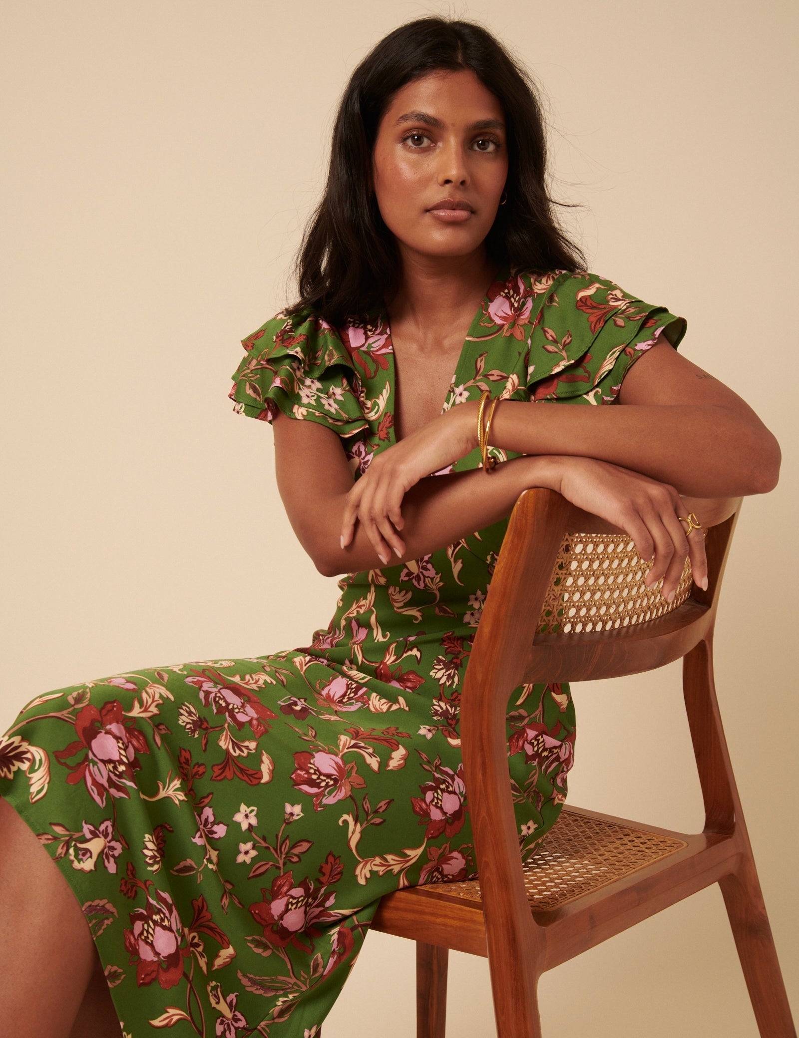 Green Floral Frill Sleeve Layla Midi Dress