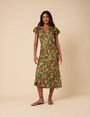Green Floral Frill Sleeve Layla Midi Dress
