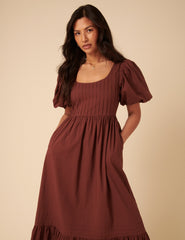 Brown Puff Sleeve Mimi Midi Dress